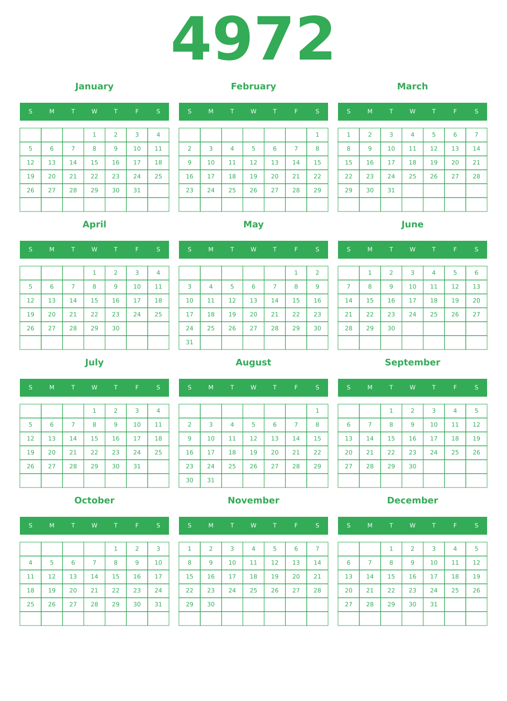 Printable 4972 Year Calendars green