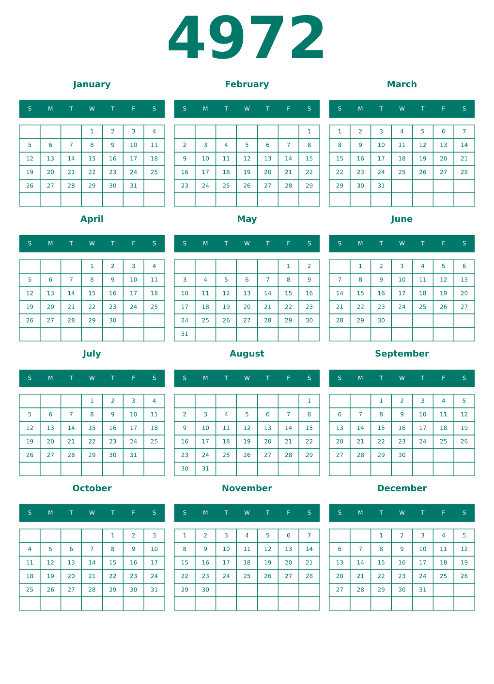 Printable 4972 Year Calendars pastel