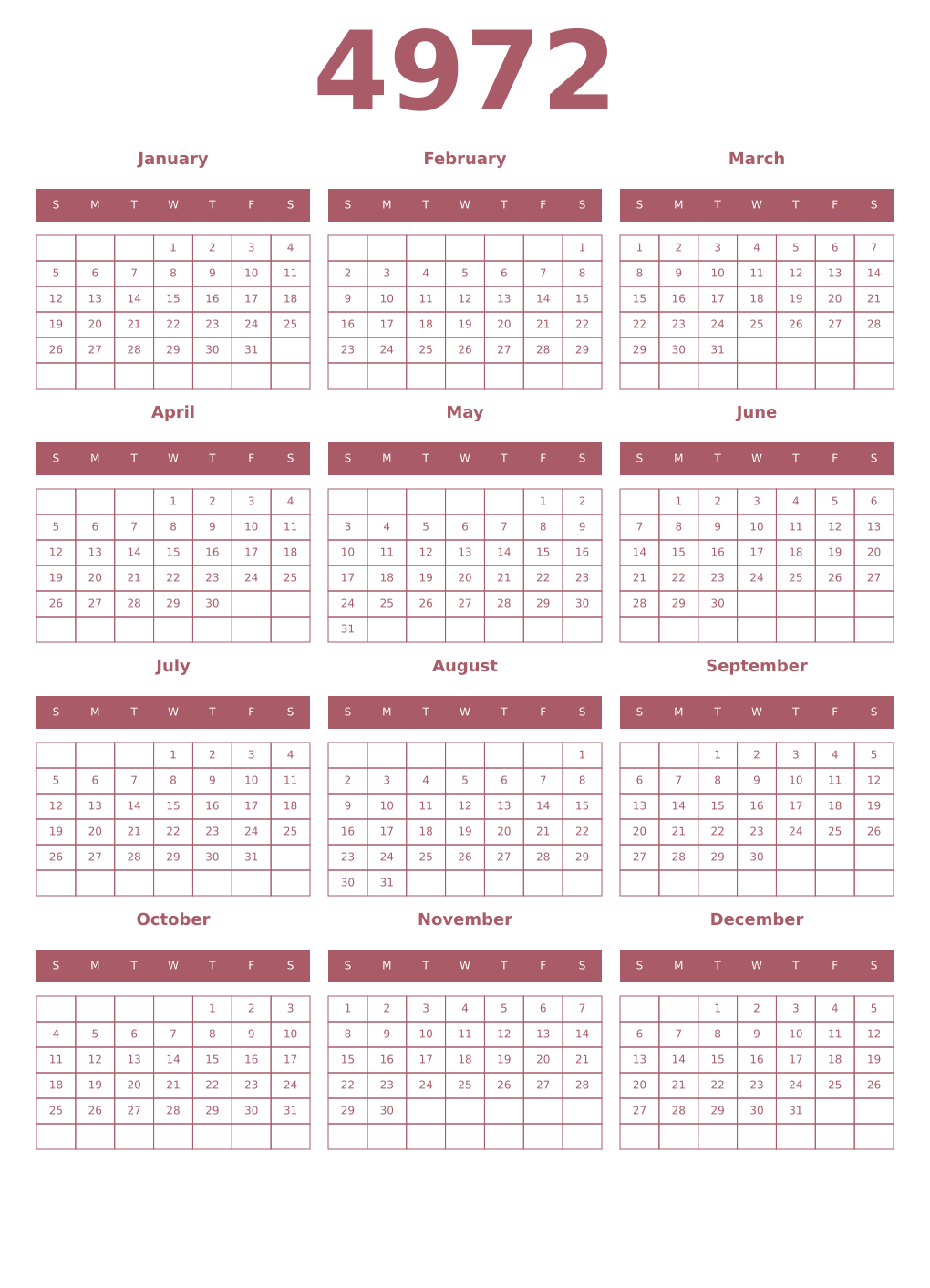 Printable 4972 Year Calendars puce