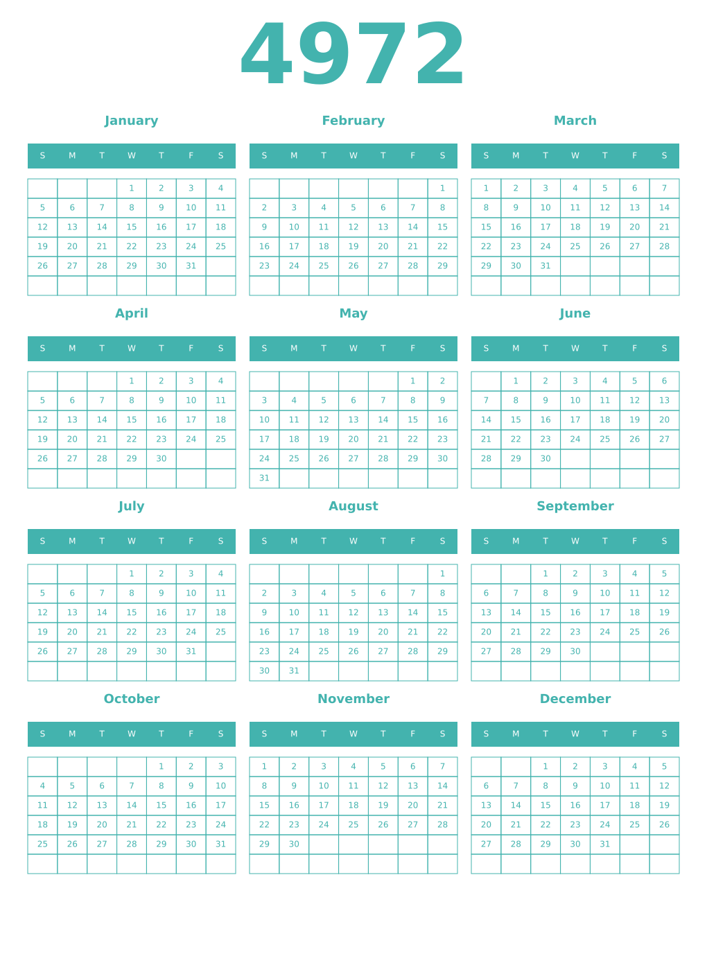 Printable 4972 Year Calendars verdigris