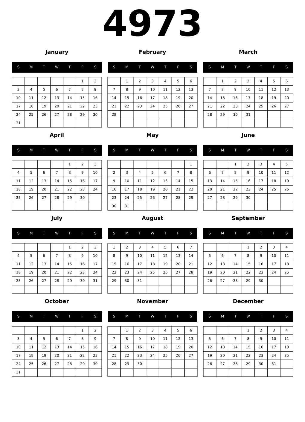 Printable 4973 Year Calendars black