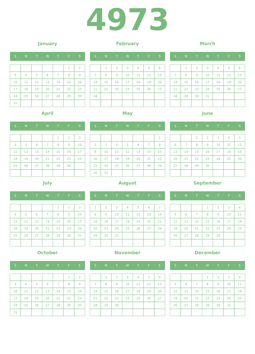 Printable 4973 Year Calendars celadon