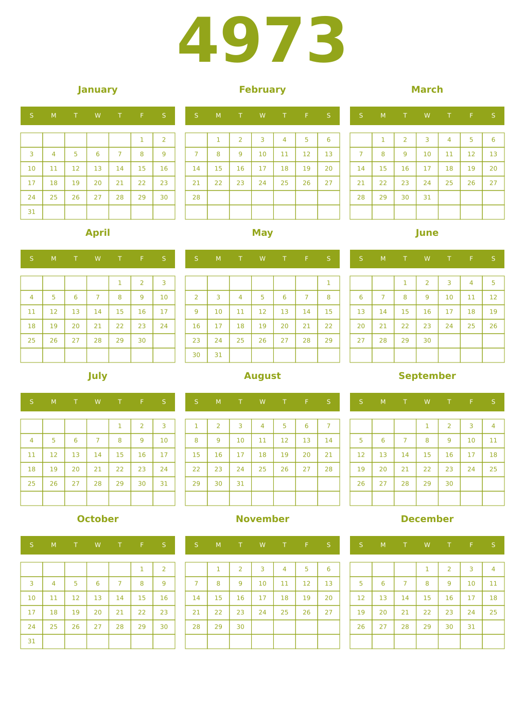 Printable 4973 Year Calendars chartreuse