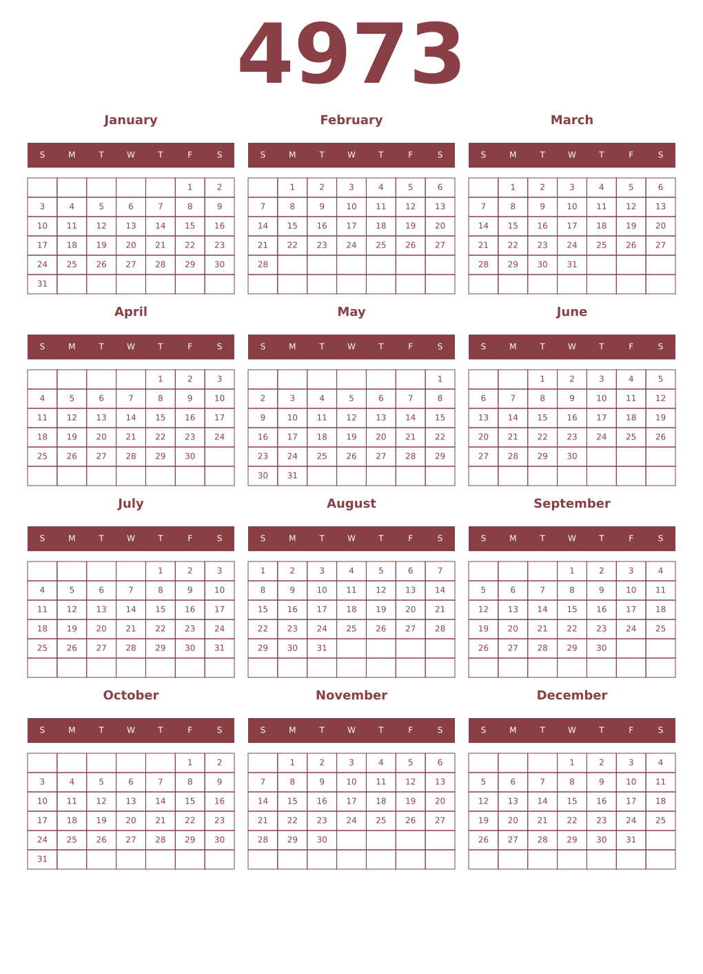 Printable 4973 Year Calendars cordovan