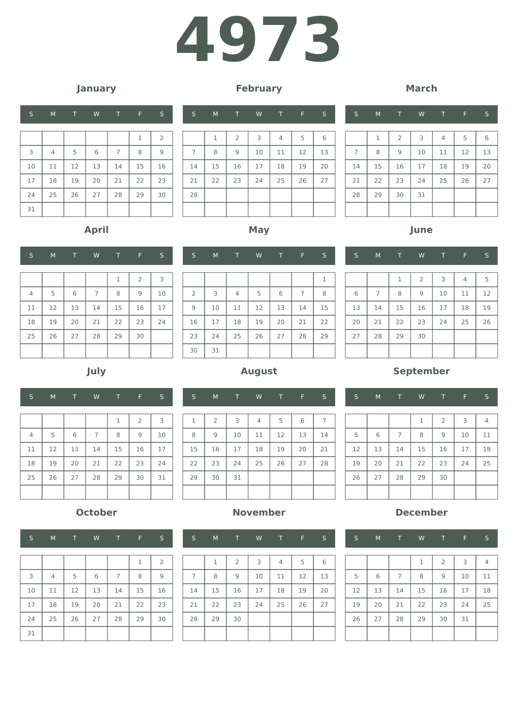 Printable 4973 Year Calendars feldgrau