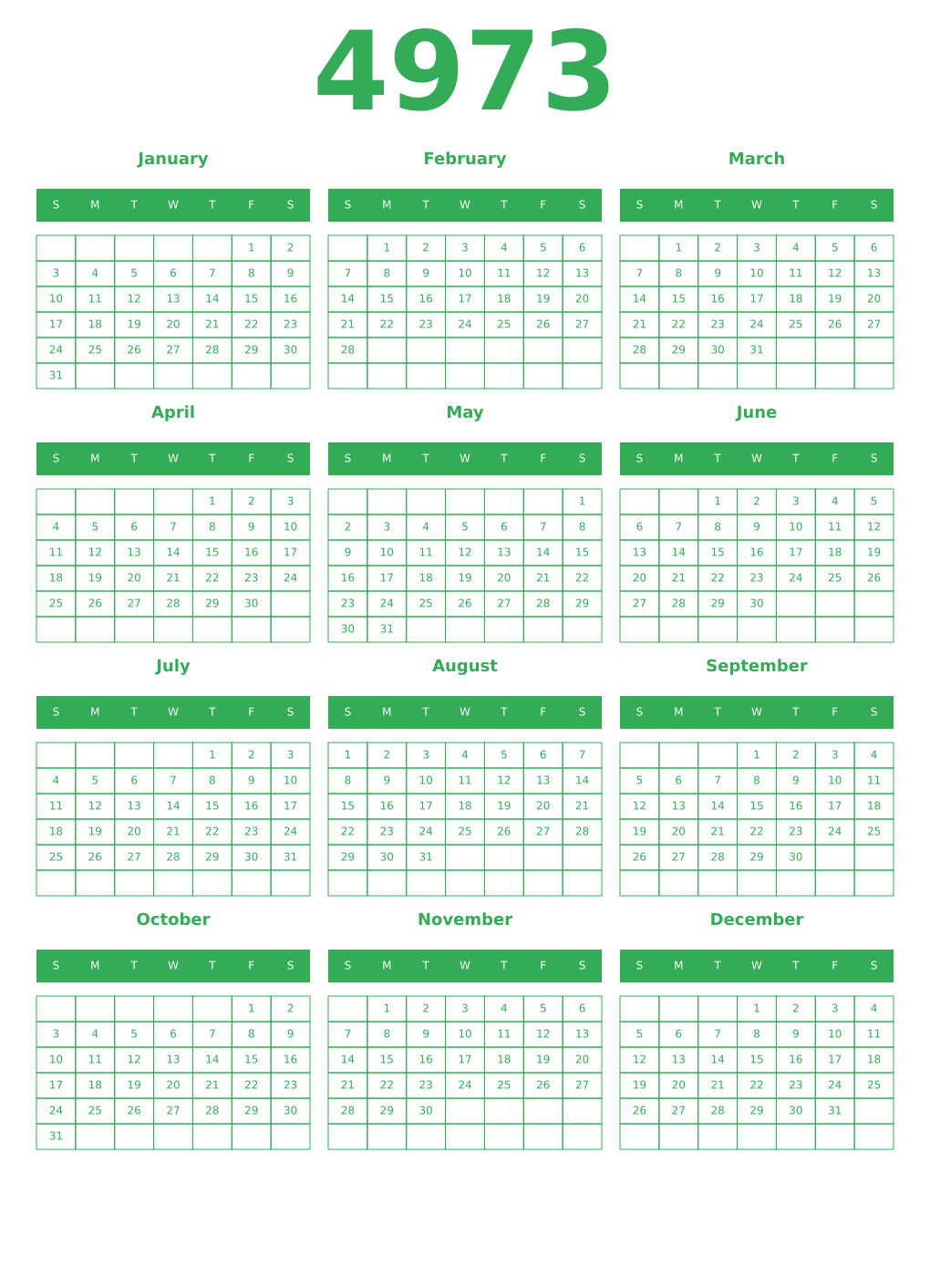 Printable 4973 Year Calendars green
