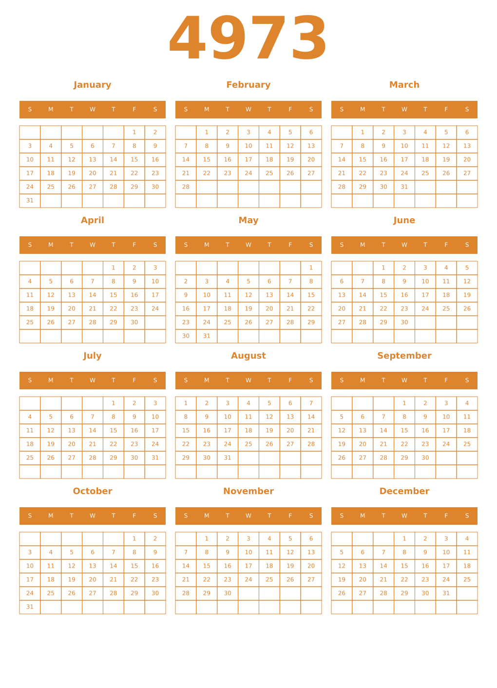 Printable 4973 Year Calendars orange