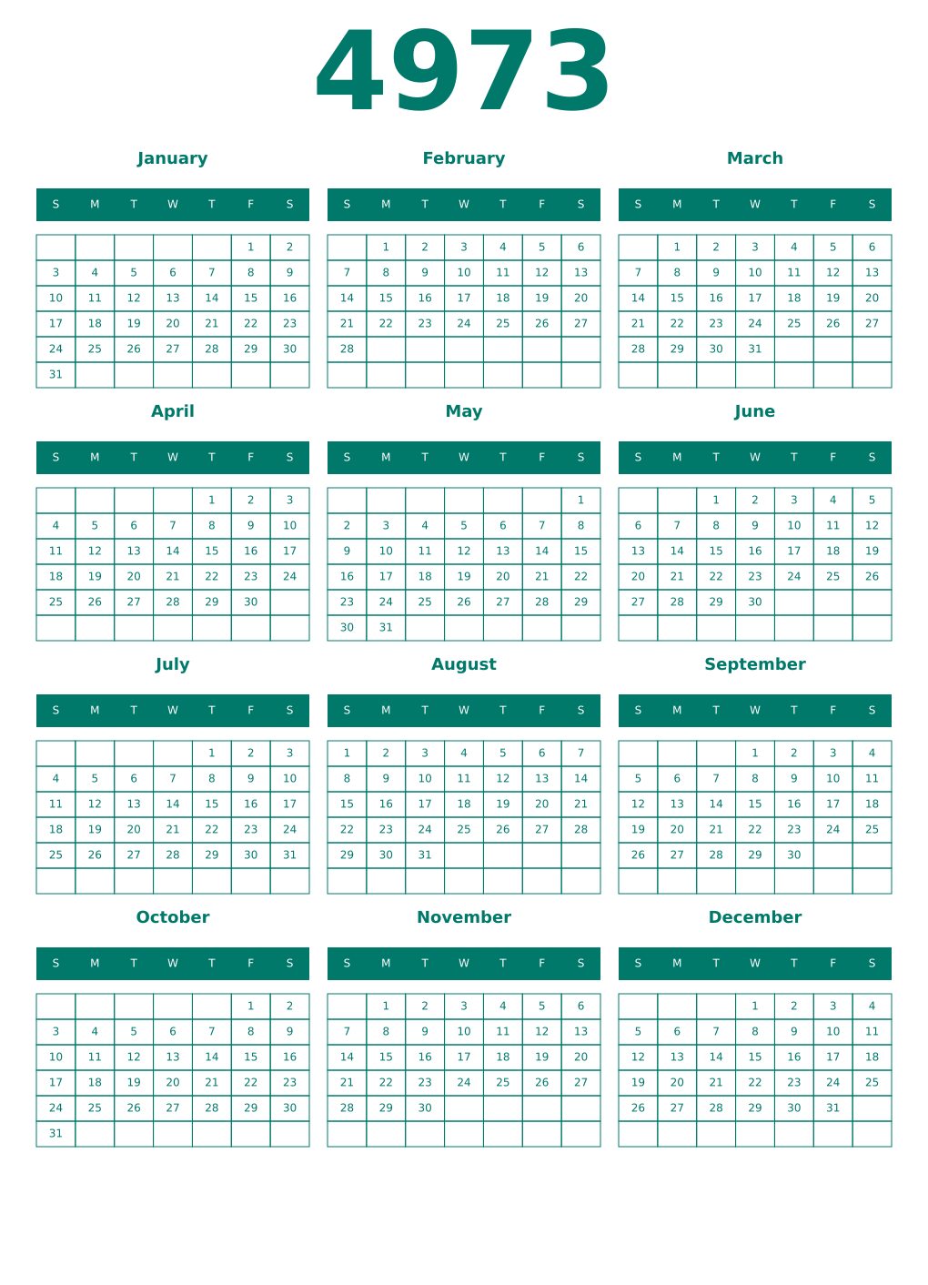 Printable 4973 Year Calendars pastel