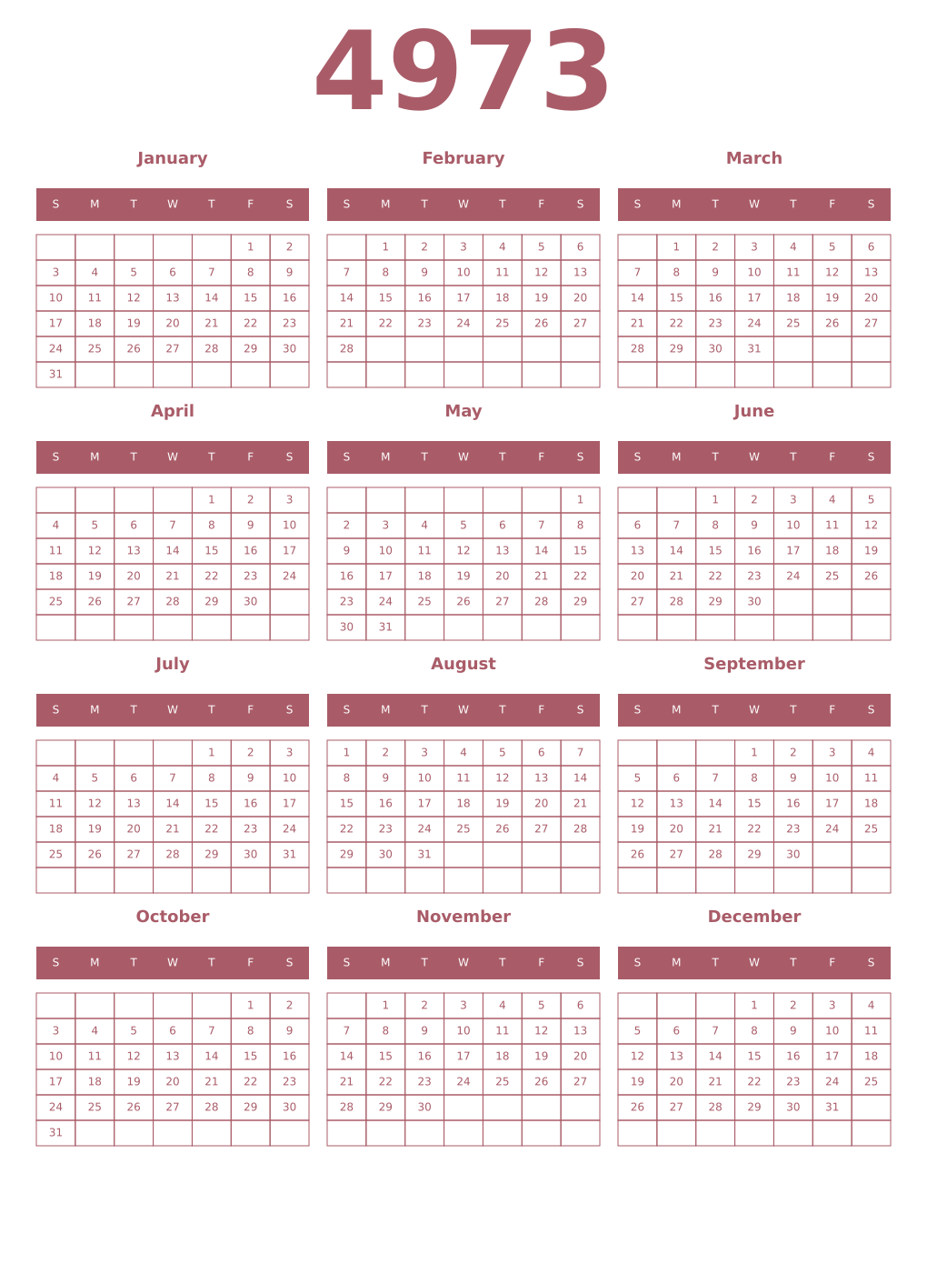 Printable 4973 Year Calendars puce