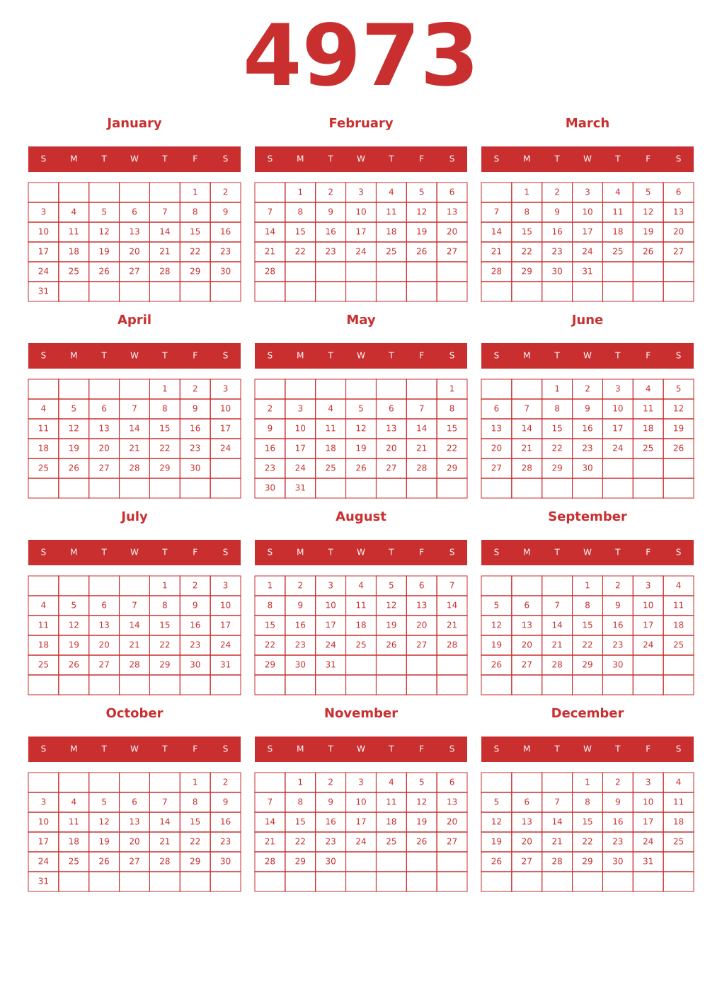 Printable 4973 Year Calendars red