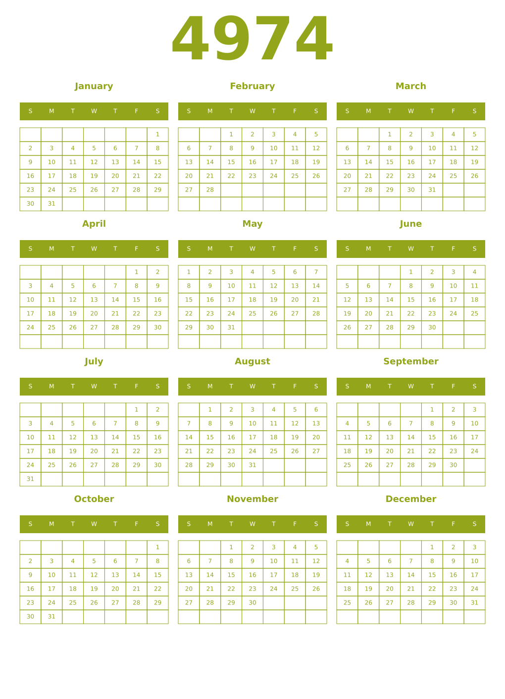 Printable 4974 Year Calendars chartreuse