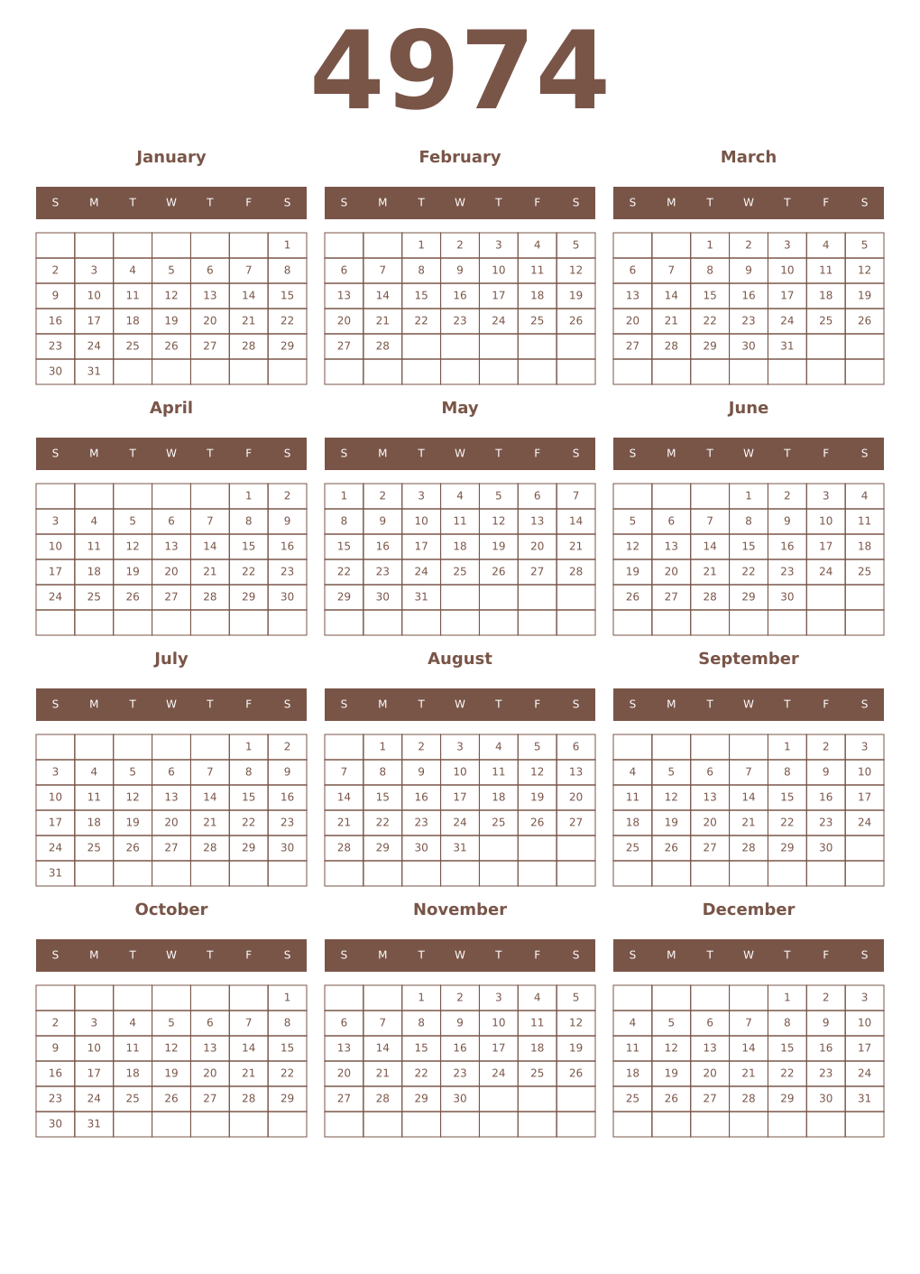 Printable 4974 Year Calendars coffe