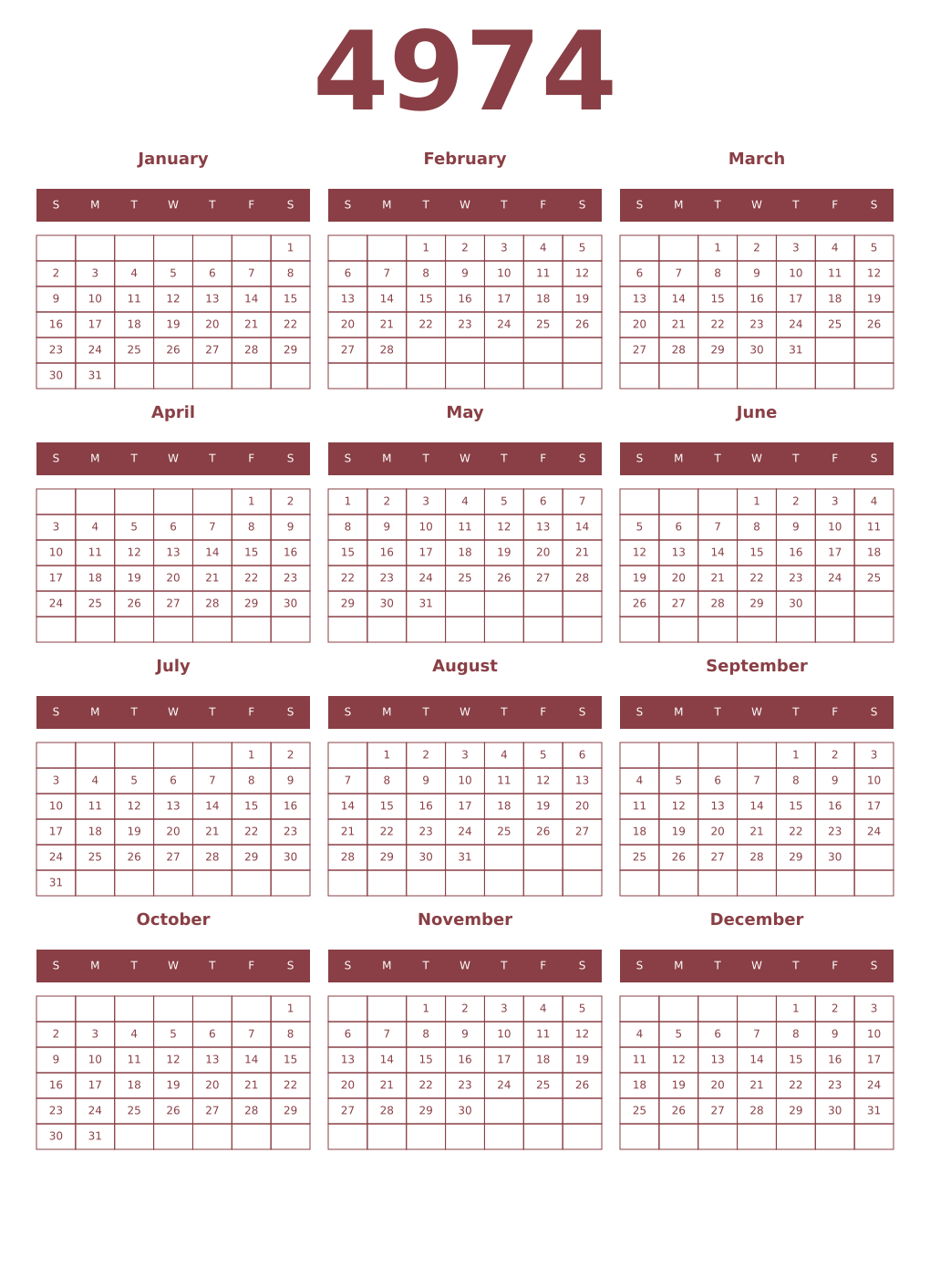 Printable 4974 Year Calendars cordovan