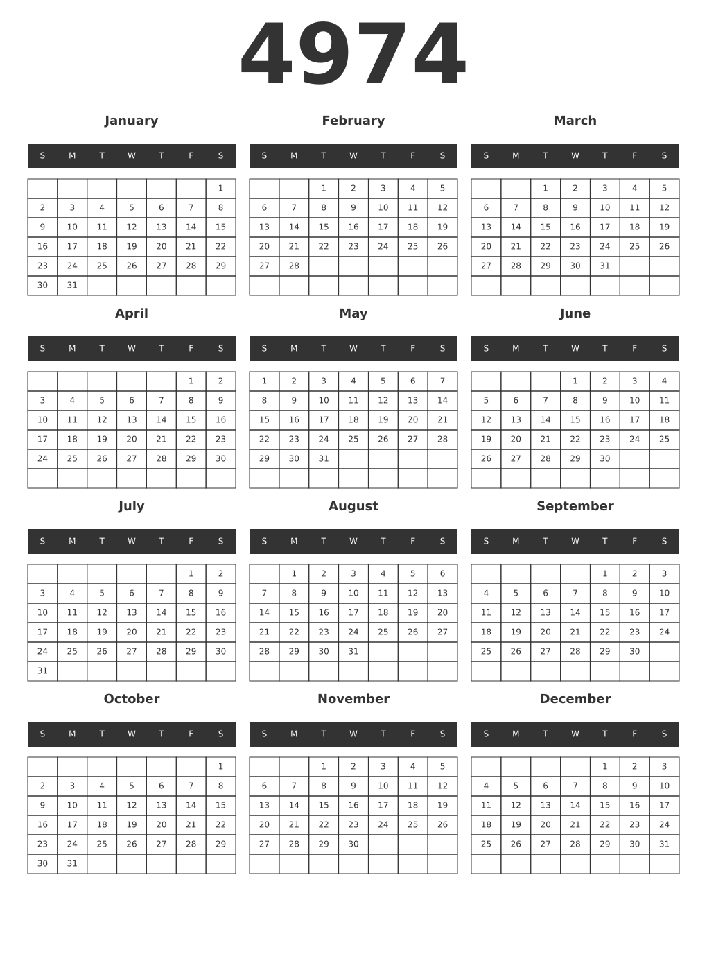 Printable 4974 Year Calendars dark