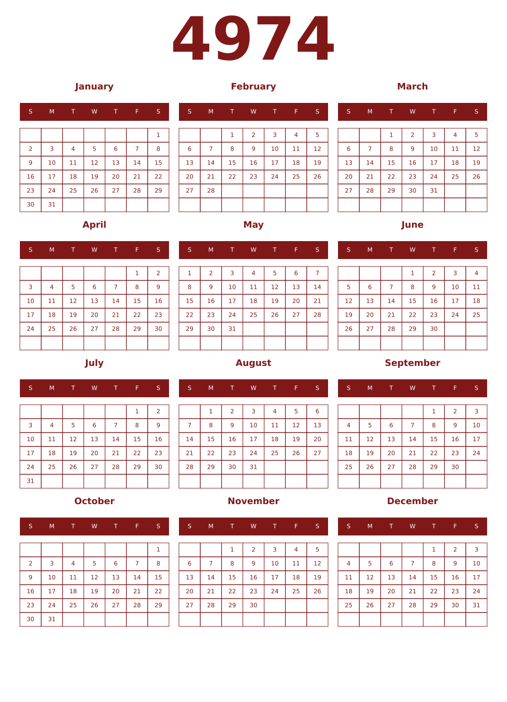 Printable 4974 Year Calendars falu