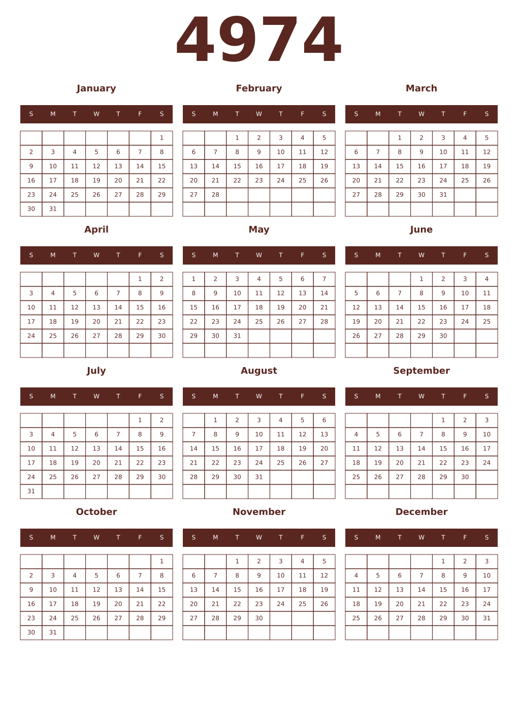 Printable 4974 Year Calendars mortuum