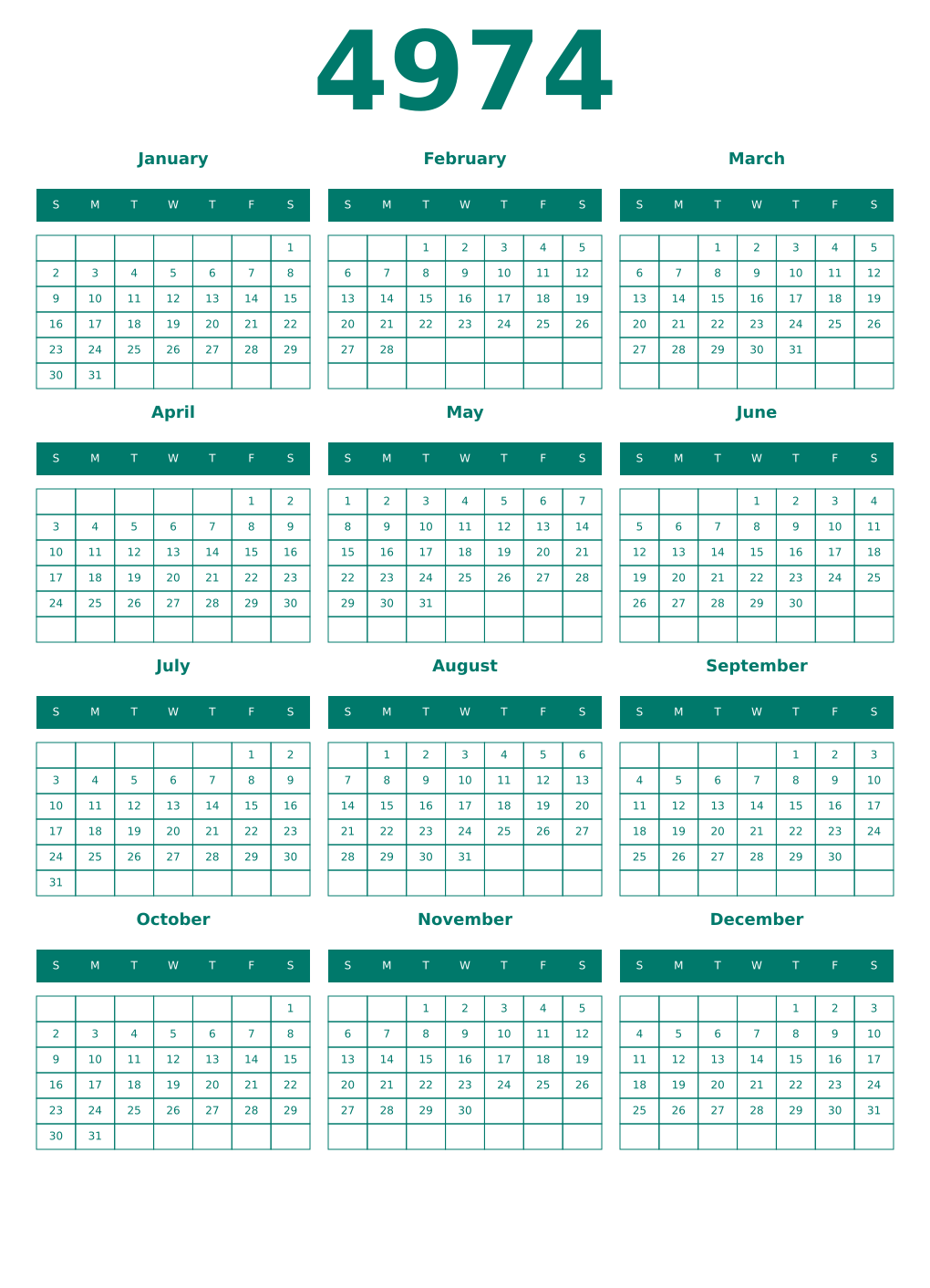 Printable 4974 Year Calendars pastel