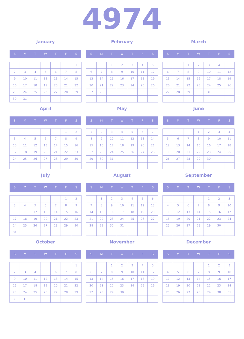 Printable 4974 Year Calendars periwinkle