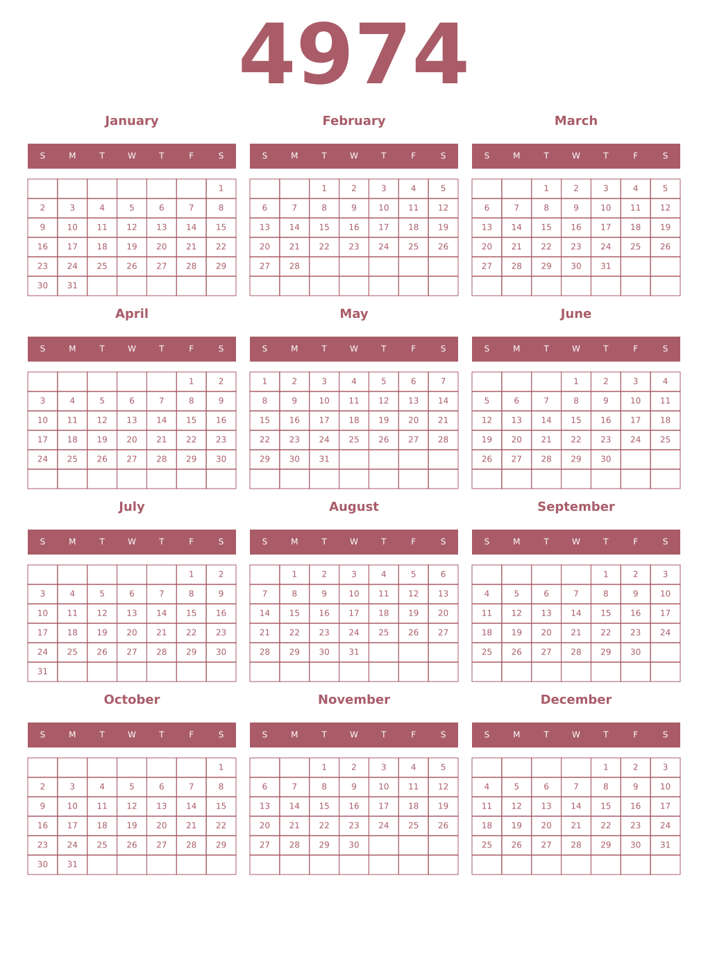 Printable 4974 Year Calendars puce