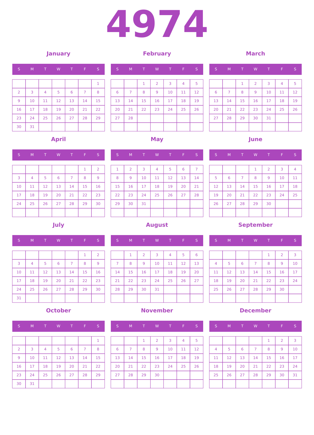 Printable 4974 Year Calendars purple