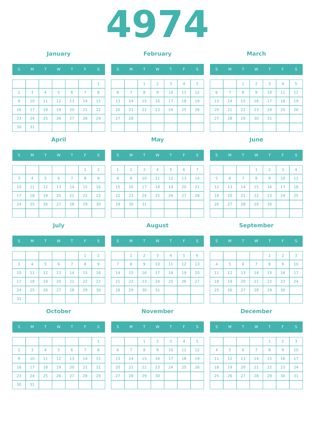 Printable 4974 Year Calendars verdigris
