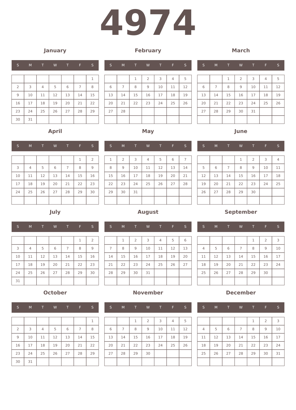 Printable 4974 Year Calendars wenge