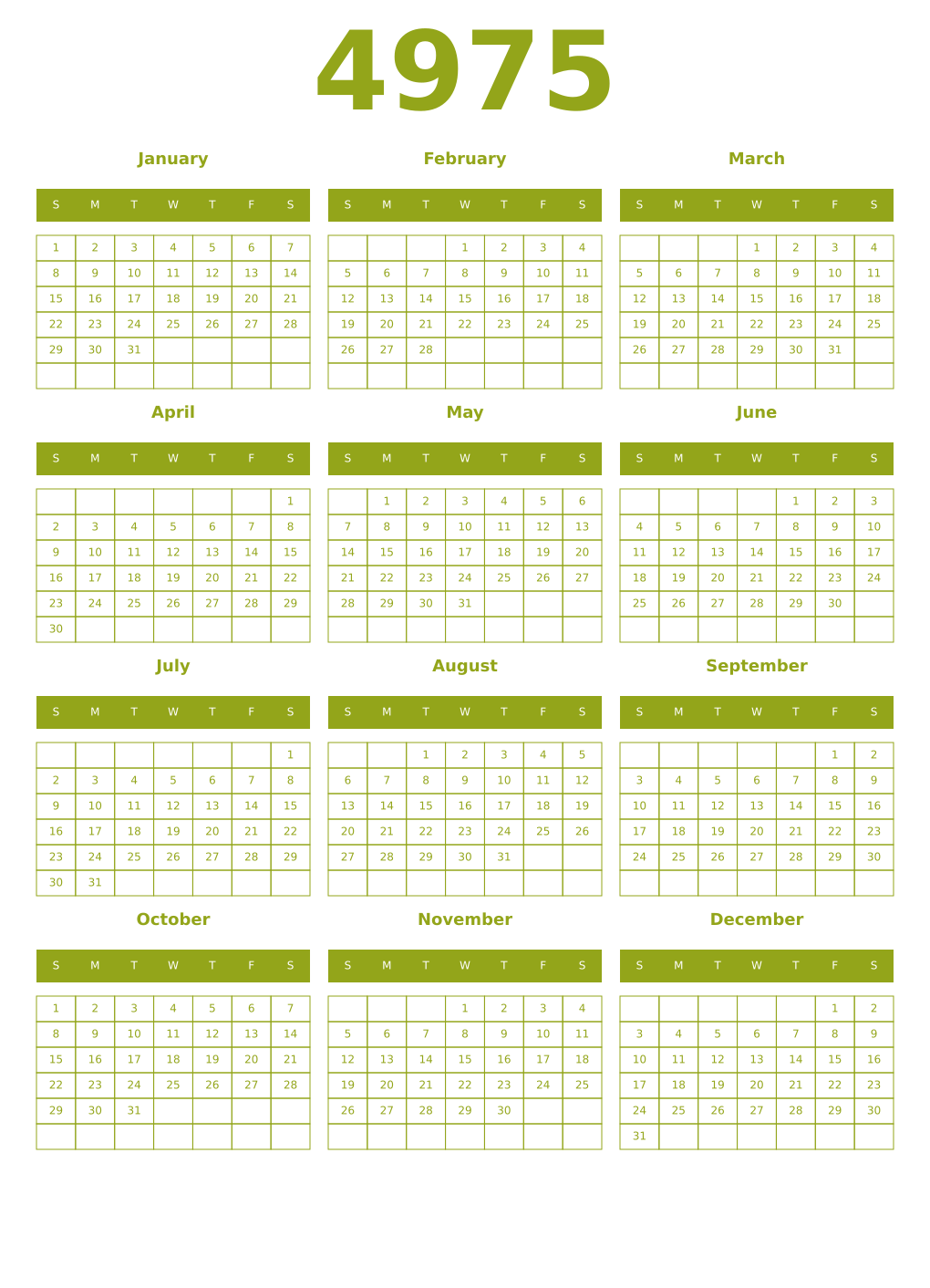 Printable 4975 Year Calendars chartreuse