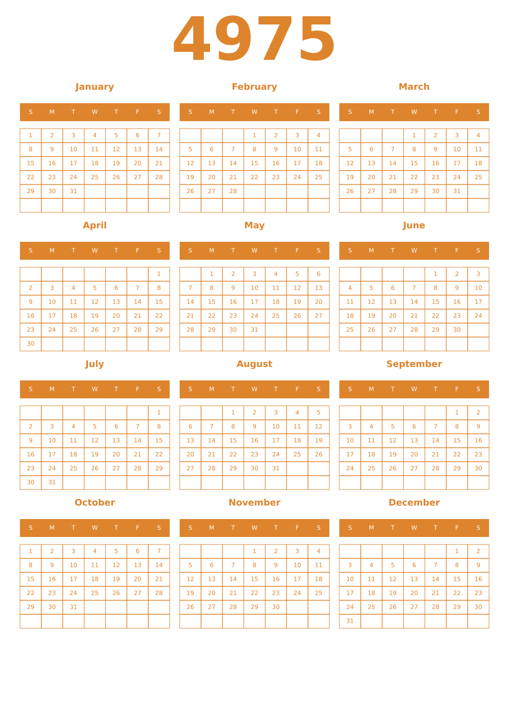 Printable 4975 Year Calendars orange