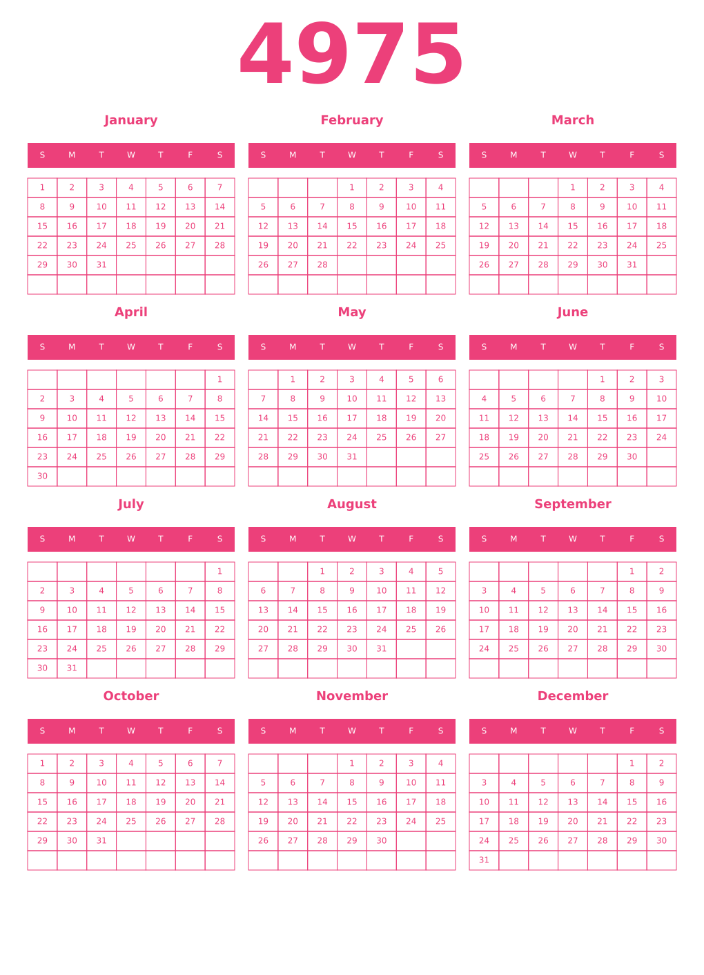 Printable 4975 Year Calendars pink