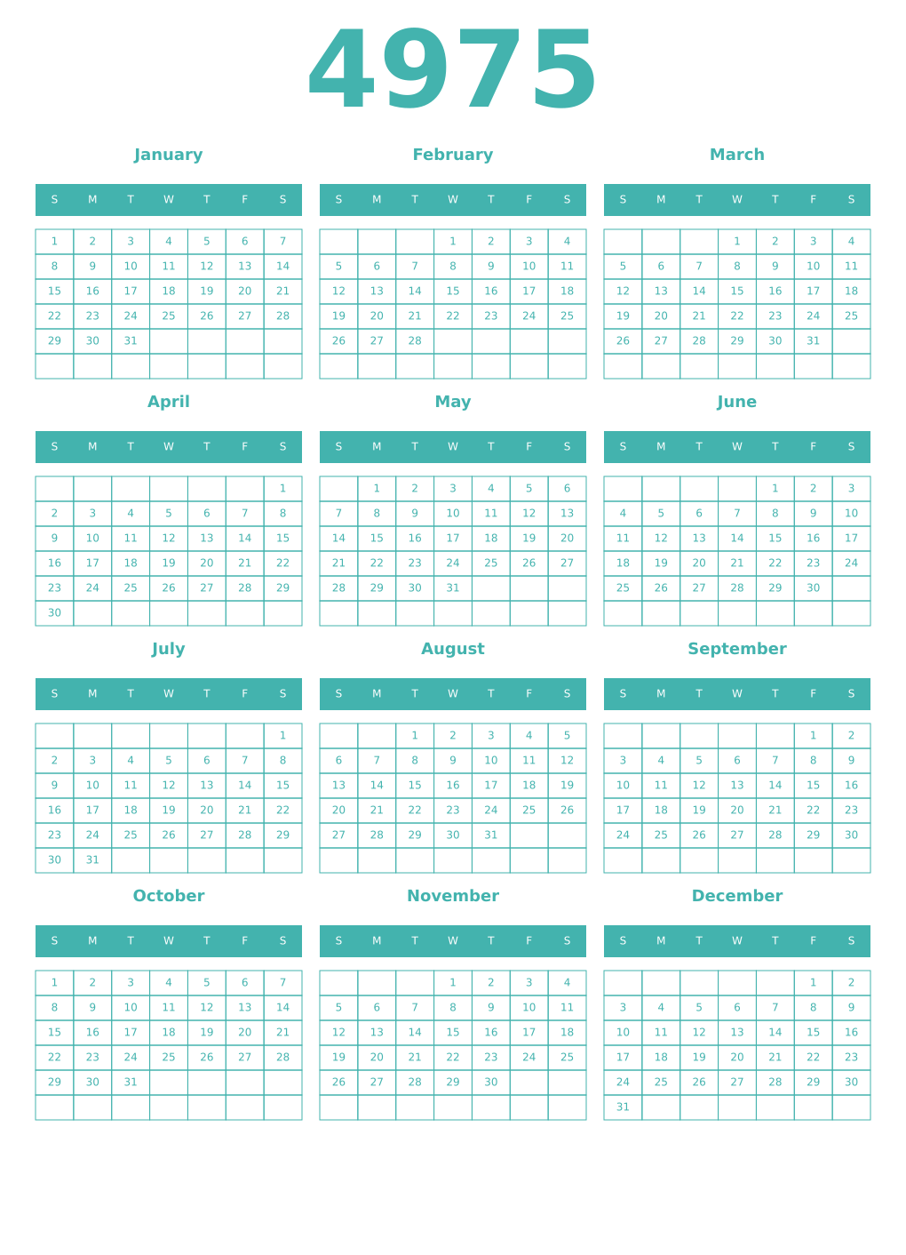 Printable 4975 Year Calendars verdigris