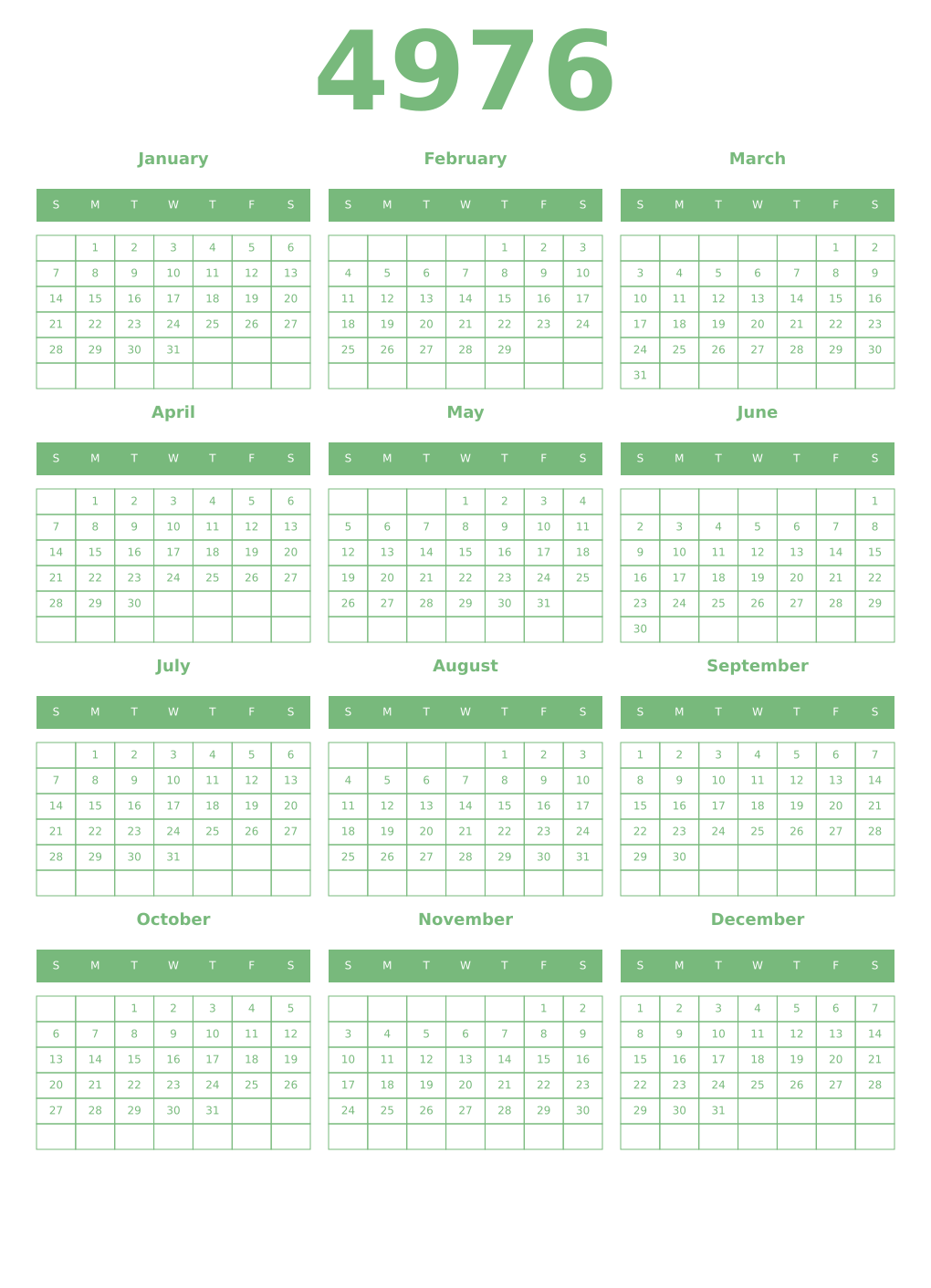 Printable 4976 Year Calendars celadon