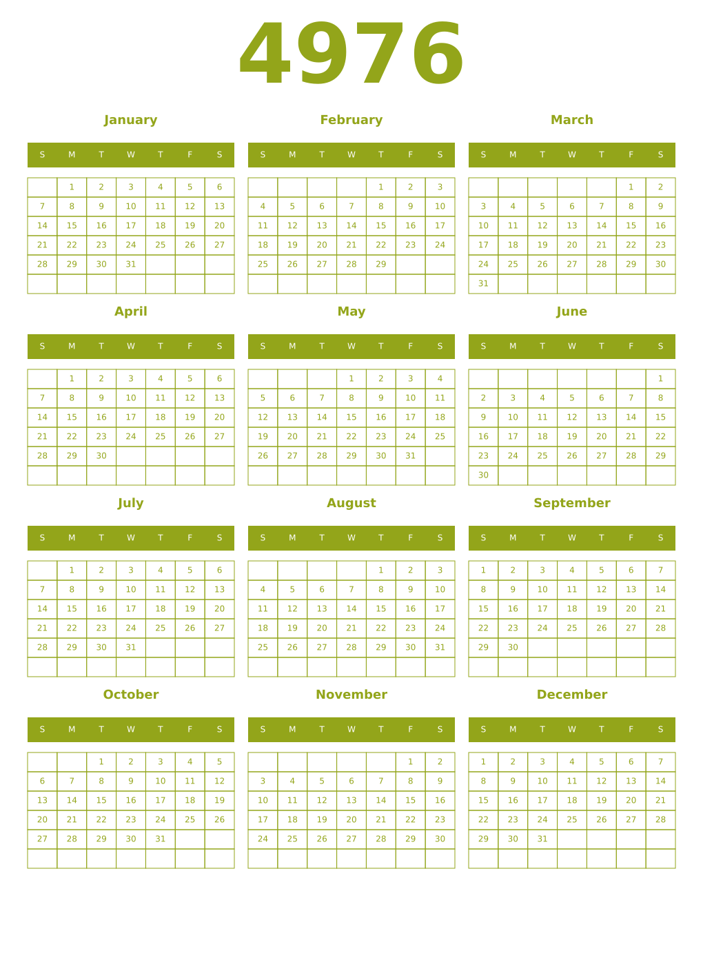 Printable 4976 Year Calendars chartreuse