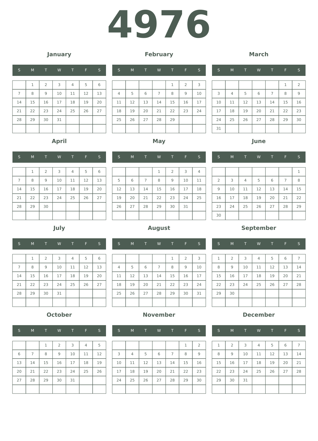 Printable 4976 Year Calendars feldgrau