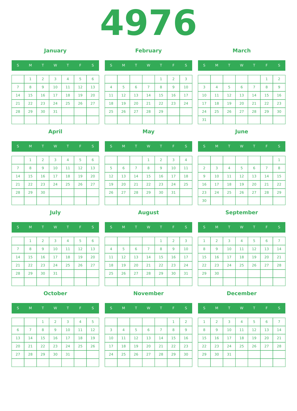 Printable 4976 Year Calendars green