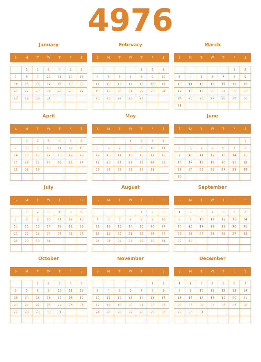 Printable 4976 Year Calendars orange