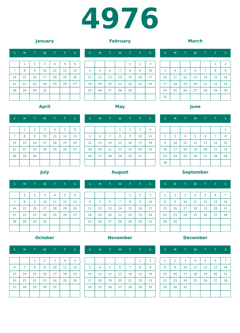 Printable 4976 Year Calendars pastel