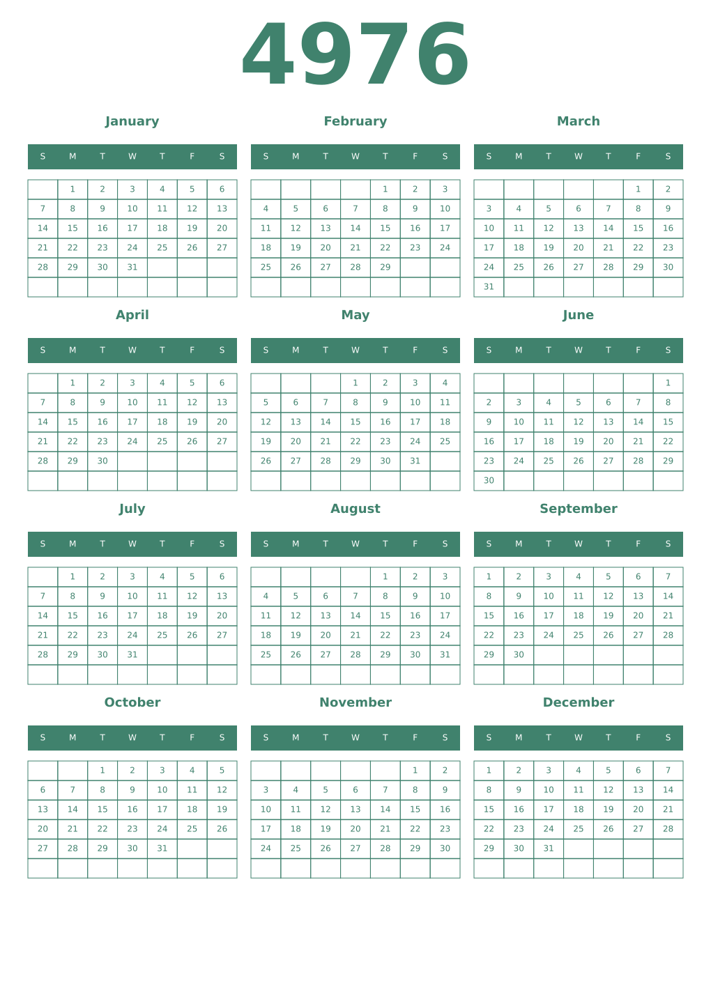 Printable 4976 Year Calendars viridian