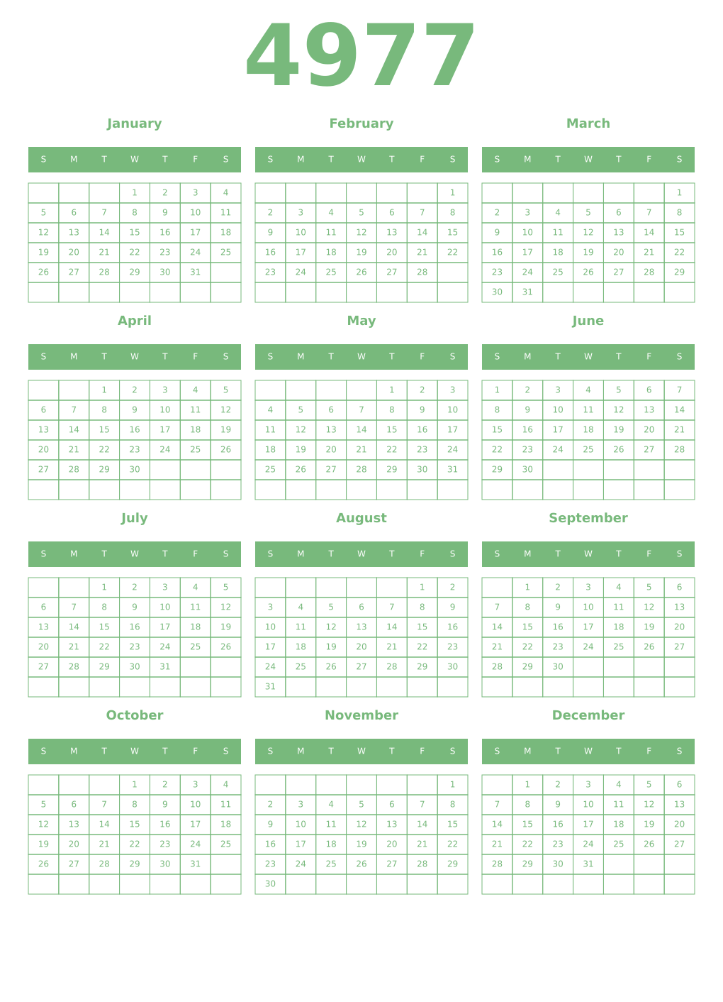 Printable 4977 Year Calendars celadon