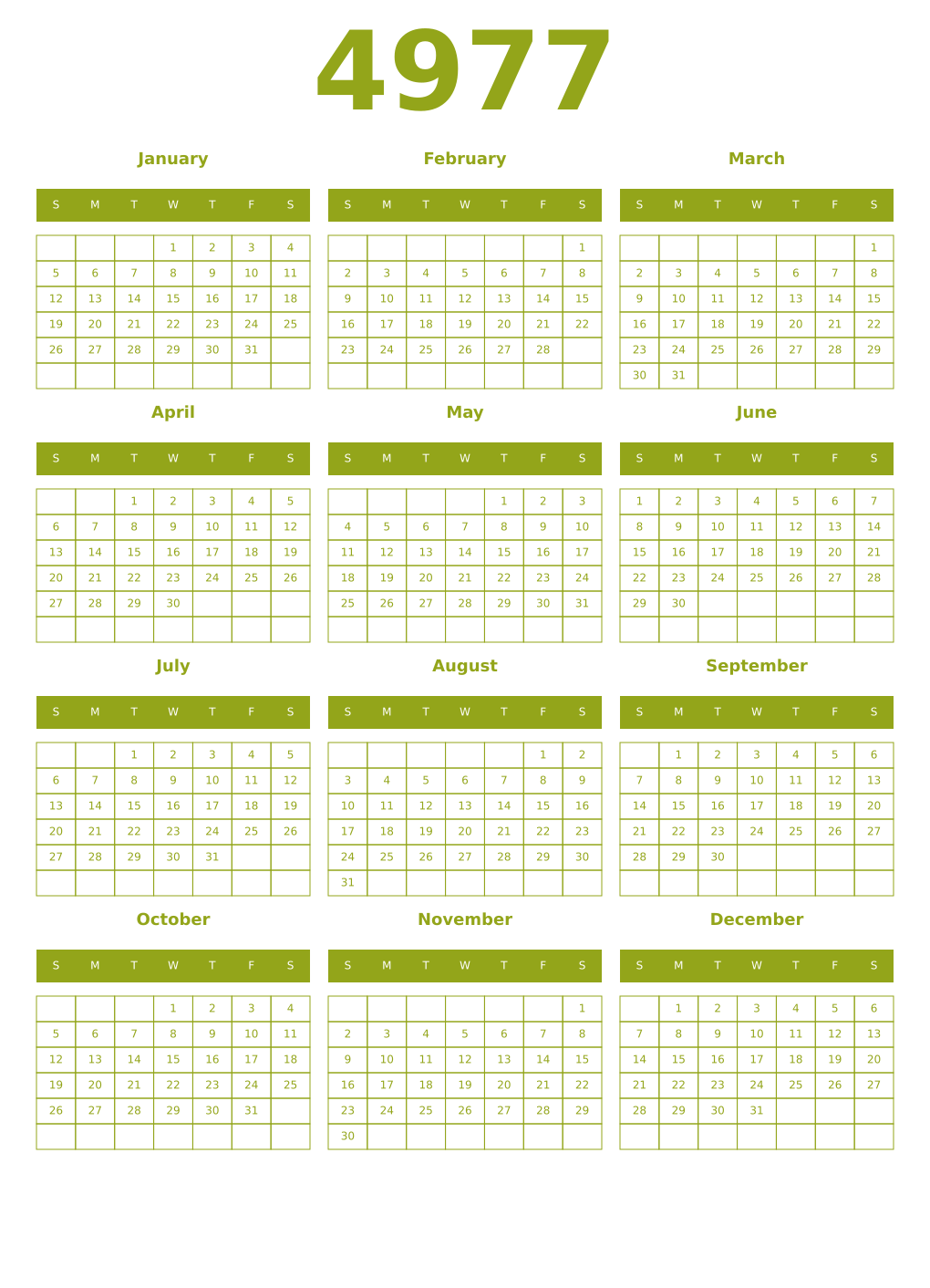 Printable 4977 Year Calendars chartreuse