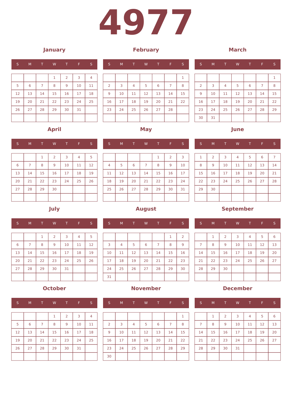 Printable 4977 Year Calendars cordovan