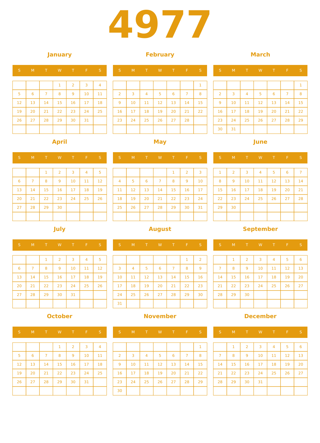 Printable 4977 Year Calendars gamboge