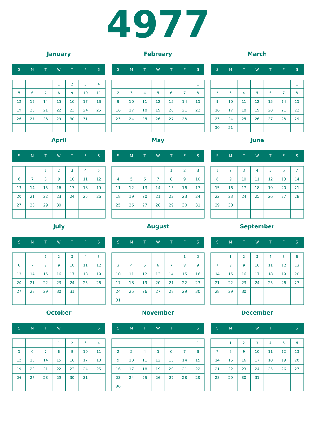 Printable 4977 Year Calendars pastel