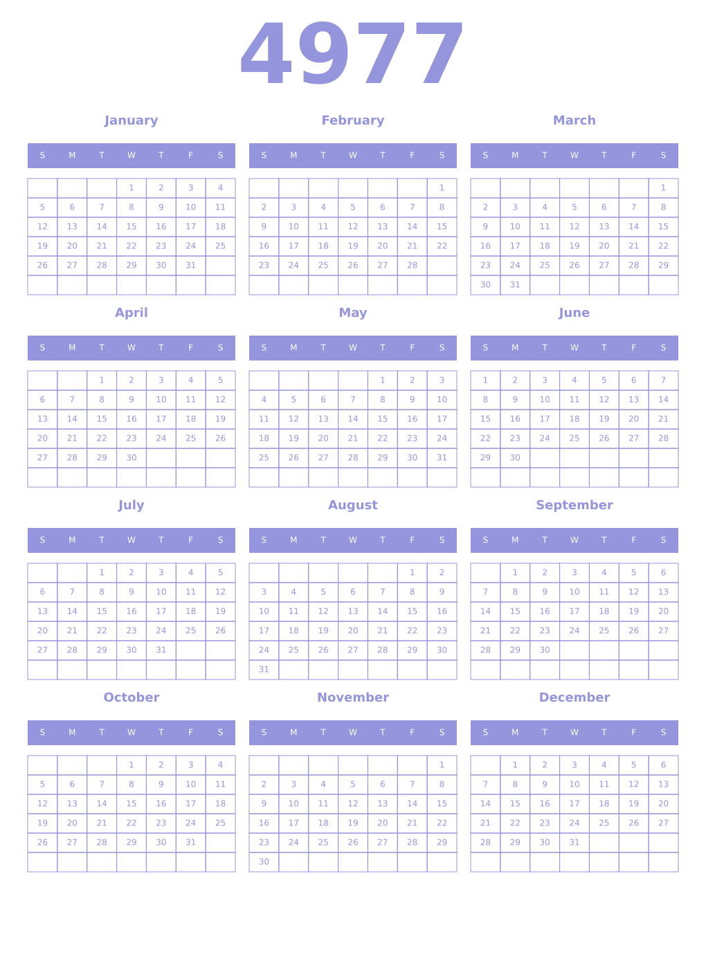 Printable 4977 Year Calendars periwinkle
