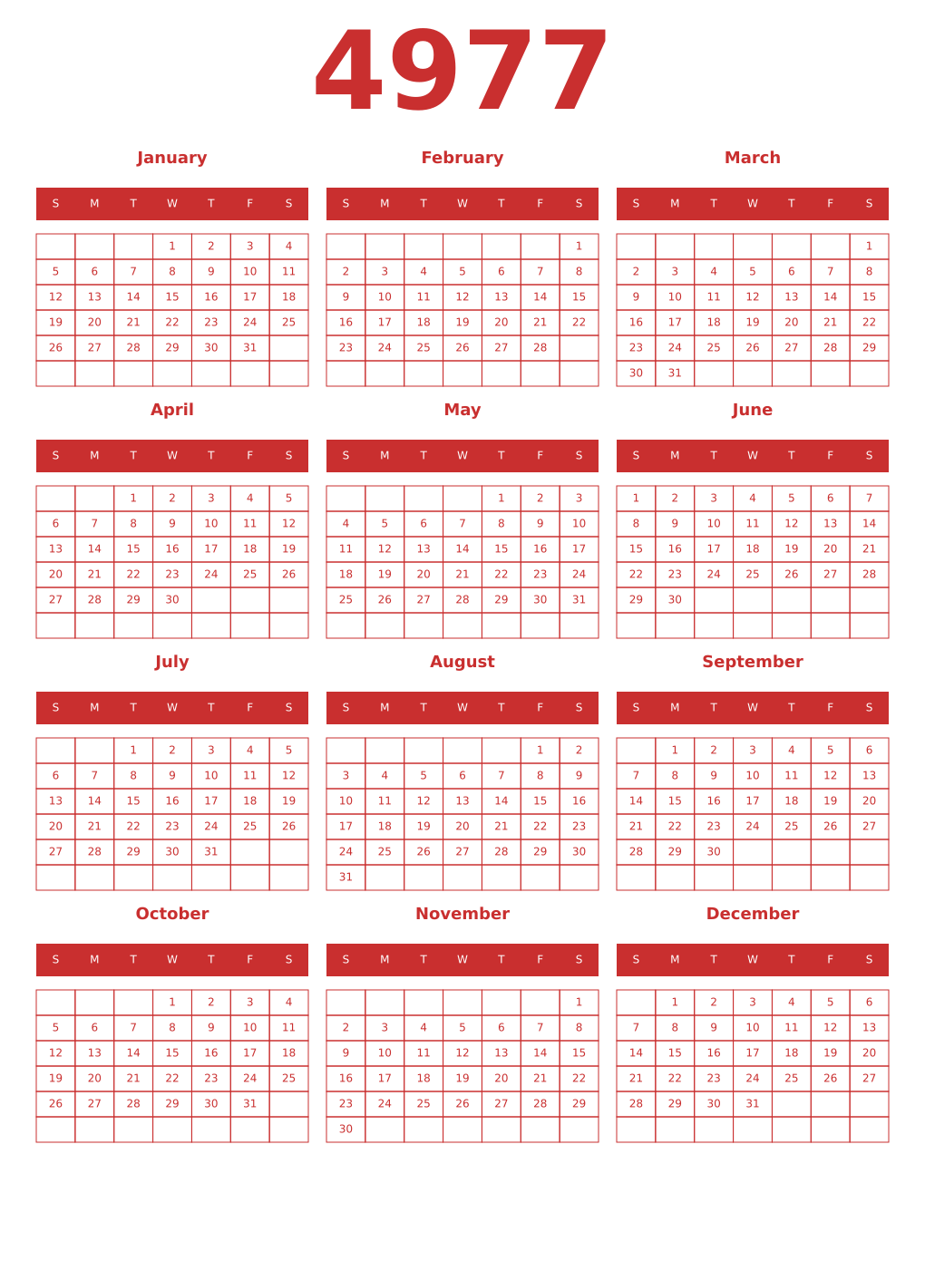 Printable 4977 Year Calendars red