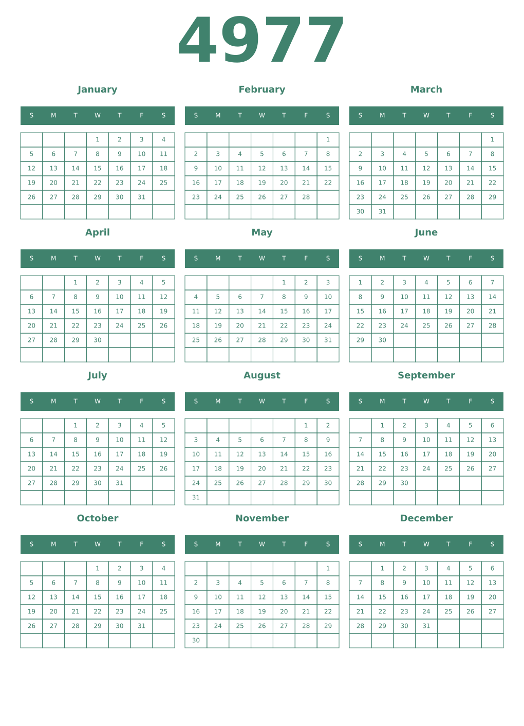 Printable 4977 Year Calendars viridian