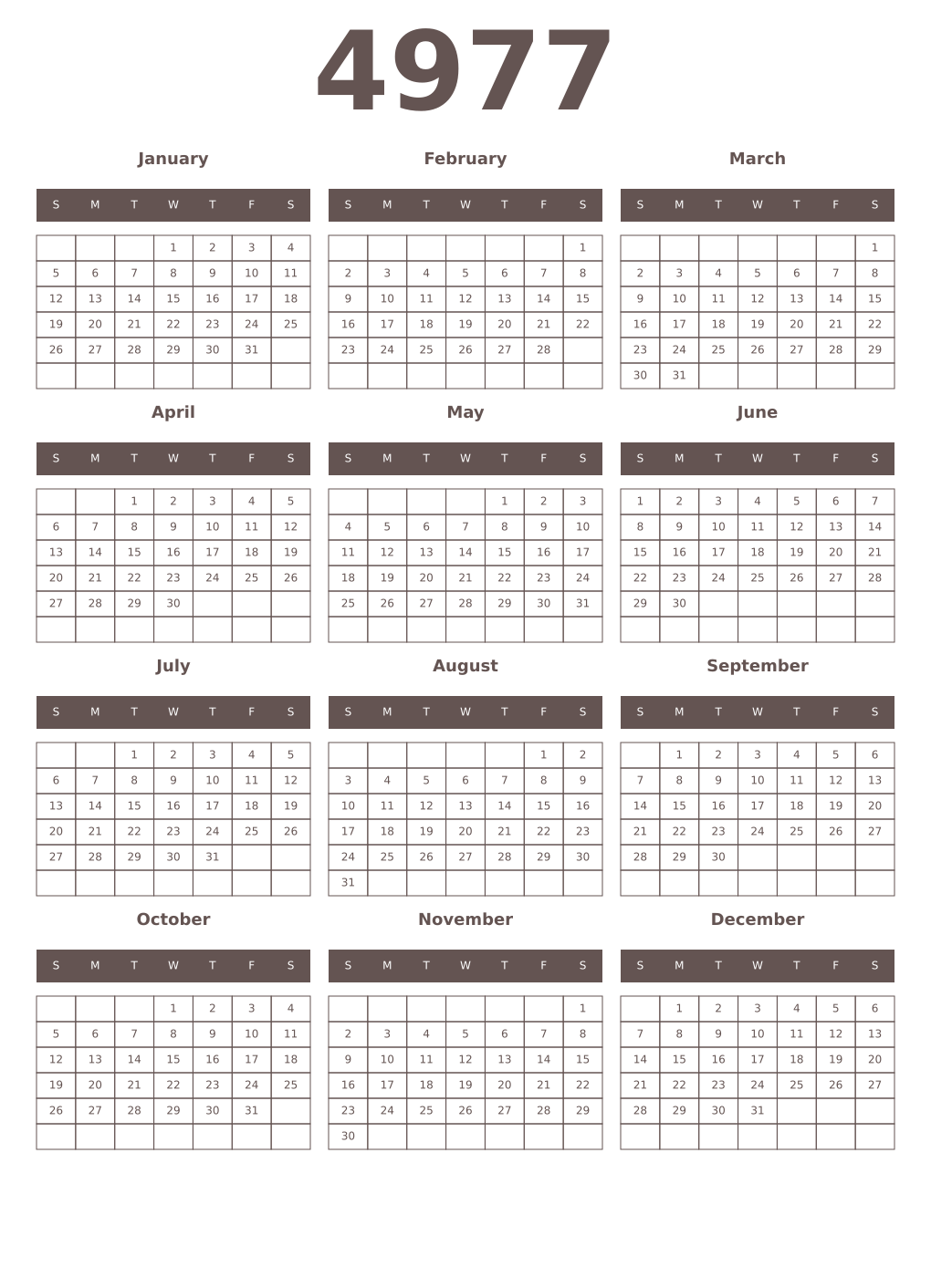 Printable 4977 Year Calendars wenge