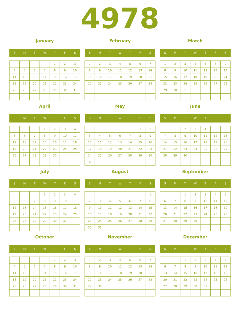 Printable 4978 Year Calendars chartreuse