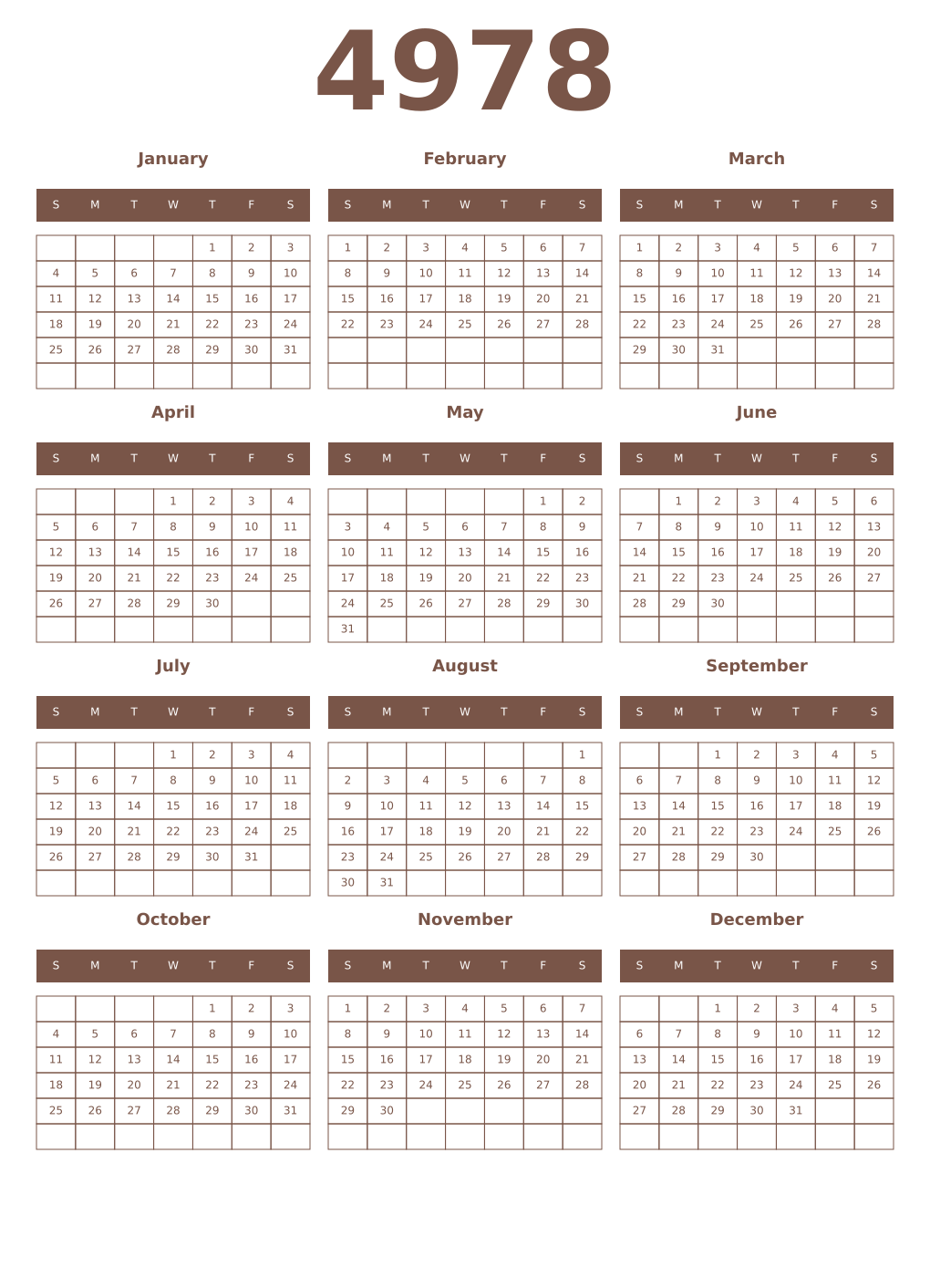 Printable 4978 Year Calendars coffe