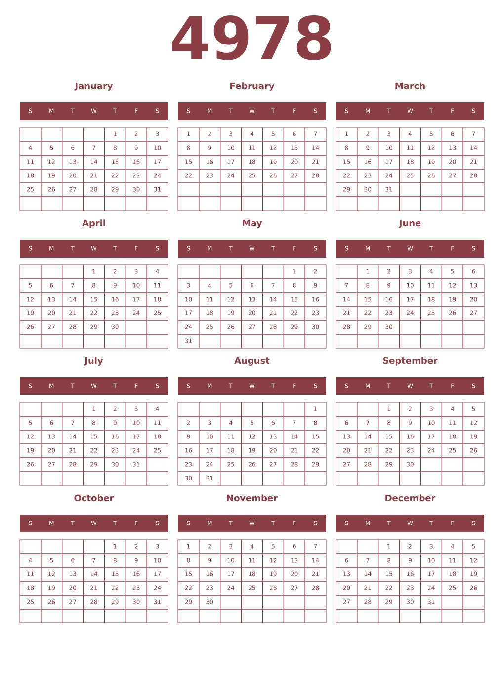 Printable 4978 Year Calendars cordovan