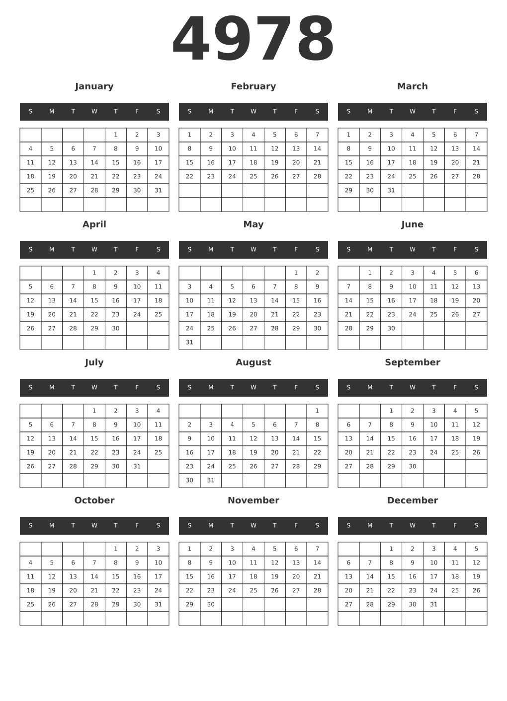 Printable 4978 Year Calendars dark